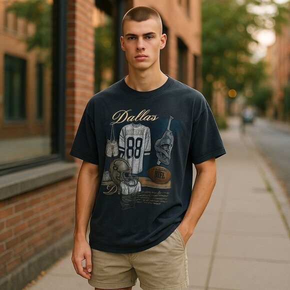 Nutmeg Dallas Cowboy TShirt Navy Large NFL Football Locker 90s Single Stitch Vtg - Picture 1 of 12